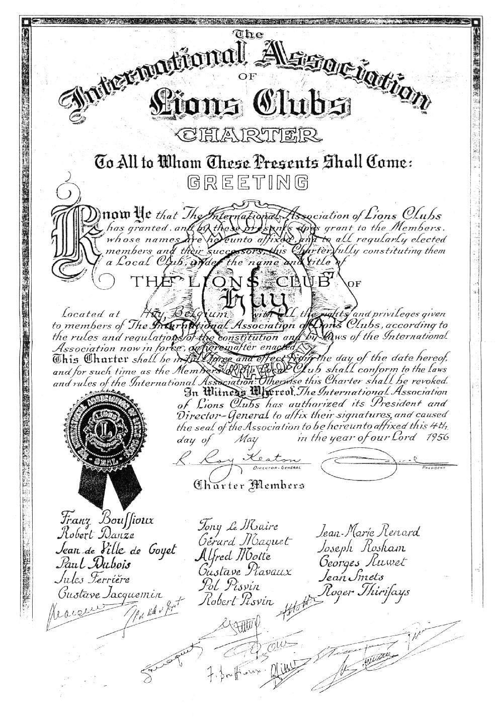 charte Lions Club de Huy 4 mai 1956